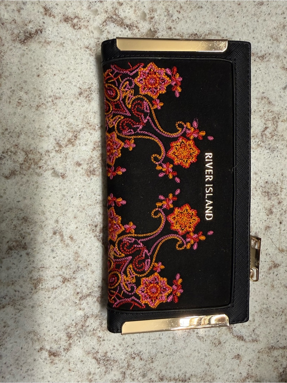 River Island Black Wallet with Pink and Orange Floral Embroidery and Gold Trim